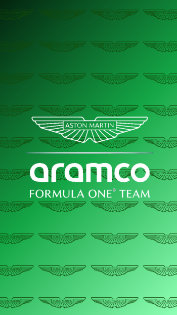 Phone wallpaper: green Aston Martin F1 race car team design with repeating wing logos and central Aramco Formula One Team branding.