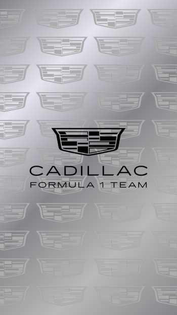 Phone wallpaper showing Cadillac crest and CADILLAC FORMULA 1 TEAM text on a brushed-metal backdrop with repeating Cadillac logos, evoking F1 race car team branding.