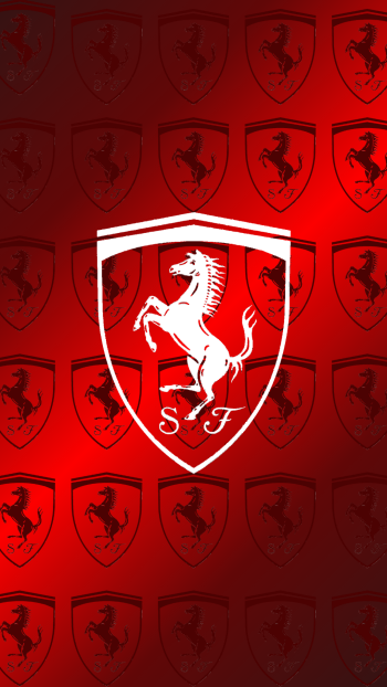Red phone wallpaper with repeating Ferrari prancing-horse shields and a central white emblem marked SF, representing the Ferrari F1 race team and racing car legacy.