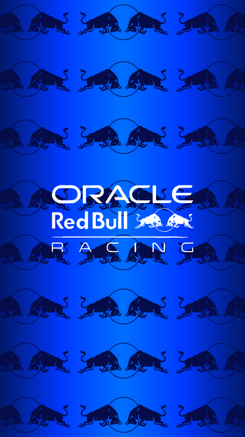 Phone wallpaper showing Oracle Red Bull Racing logo and repeated bull silhouettes on a blue background, evoking F1, Ford partnership and race team branding.