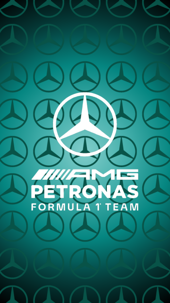 Phone wallpaper: teal gradient with repeating Mercedes star motif, central Mercedes emblem above AMG PETRONAS FORMULA 1 TEAM text, evoking the Mercedes F1 racing team.