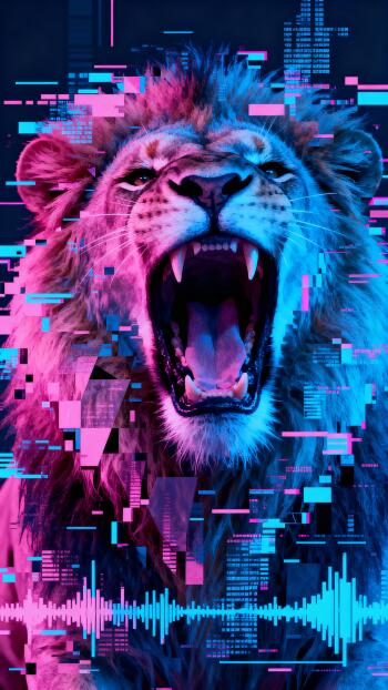 Phone wallpaper of a lion mid-roar with neon pink and cyan glitch effects and a pulsing digital waveform overlay.