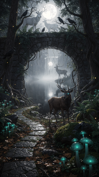 Phone wallpaper, dark nature: moonlit forest path under a stone arch, misty waterfall, glowing mushrooms, ravens and ethereal stags — one with luminous eyes.