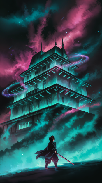 Demon Slayer: Kimetsu No Yaiba - The Movie: Infinity Castle Tanjiro Kamado pagoda samurai katana Phone Wallpaper