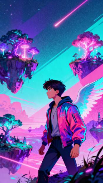 Fantasy phone wallpaper — a young man with glowing wings and neon jacket stands among floating islands and luminous trees beneath a pink-blue sky with a falling star.