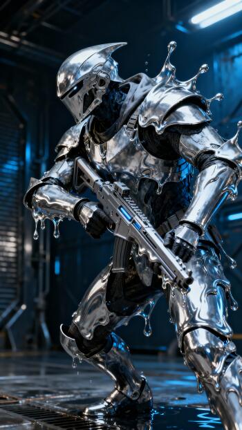 Phone wallpaper showing a futuristic chrome-armored warrior dripping liquid metal, wielding a high-tech rifle in a neon-lit sci-fi industrial corridor.