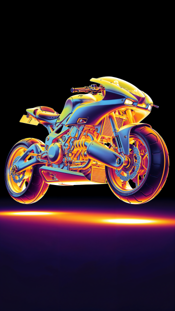 Vivid neon sport motorcycle illustration on black background phone wallpaper, glowing orange and purple highlights with a luminous strip beneath.