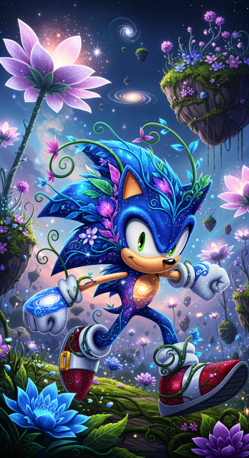 Phone wallpaper of Sonic the Hedgehog in a cosmic floral fantasy: glowing blue Sonic dashes through floating islands, oversized flowers and sparkling stars.