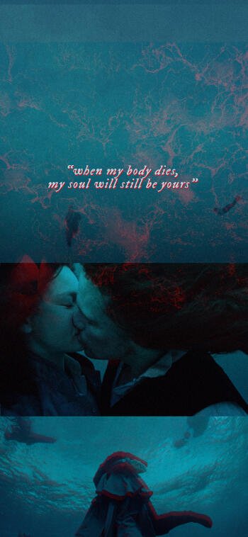 Teal Outlander phone wallpaper: triptych with the quote when my body dies, my soul will still be yours, a close kiss between Jamie and Claire, and an underwater embrace, romantic TV imagery.