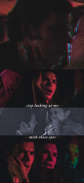 Phone wallpaper collage from Bridgerton: moody, grainy romantic close-ups of Colin Bridgerton and Penelope Featherington with the overlay stop looking at me with those eyes.