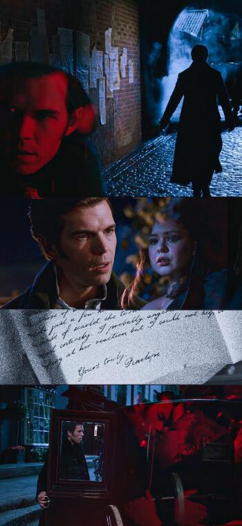 Phone wallpaper collage from Bridgerton showing Colin Bridgerton and Penelope Featherington in moody night scenes—close-ups, a handwritten letter and a carriage, romance TV.
