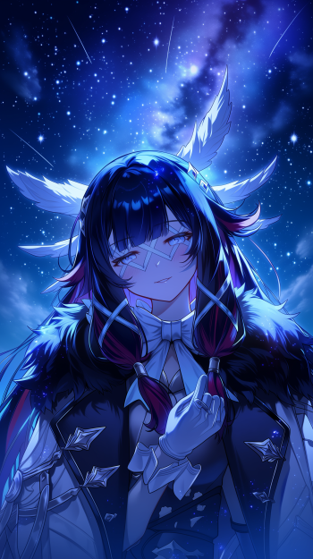 Phone wallpaper of Columbina (Genshin Impact, ARPG) in Sky Anime style — smirking with an eyepatch, feathered headdress and fur cloak beneath a vivid starry blue galaxy sky.