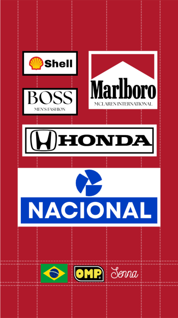 Red phone wallpaper with McLaren F1 sponsor logos (Shell, Marlboro, BOSS, Honda, Nacional) and a small Brazil flag, evoking F1 race and motorsport sports heritage.