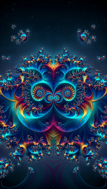 Julia set fractal phone wallpaper with symmetrical, glowing teal, blue, purple and gold spirals and floral swirls against a deep, star-speckled background.