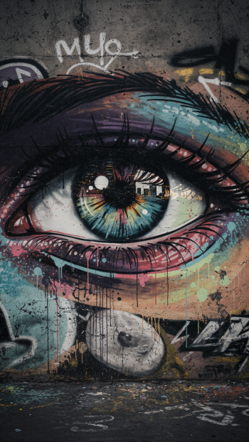 Phone wallpaper showing a vibrant graffiti close-up of a blue-green eye painted on weathered concrete, with dripping paint and urban street-art texture.
