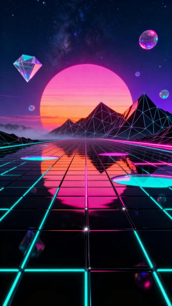 Synthwave phone wallpaper with a glowing neon grid reflecting a pink-orange sun, wireframe mountains, floating crystal gems and bubbles beneath a starry sky.