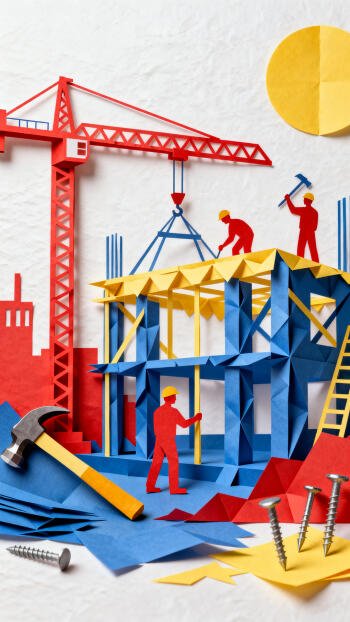 Phone wallpaper showing a colorful paper-cut construction scene: red crane, blue-and-yellow building being erected, workers with hammer, scattered screws and a sun in the sky.