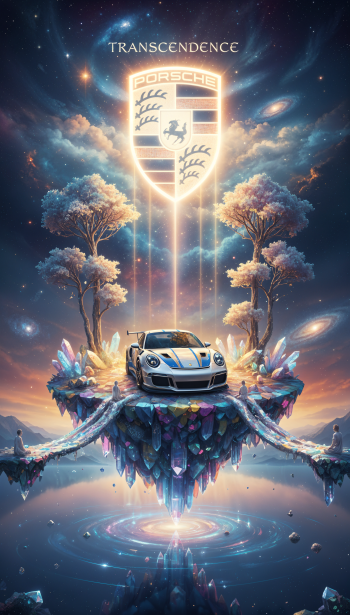 Phone wallpaper: Porsche sports car perched on a floating crystalline island under a glowing Porsche crest and 'TRANSCENDENCE' in a dreamy cosmic sky.