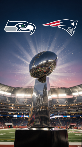 Phone wallpaper of the Vince Lombardi Trophy on the field at sunset with Seattle Seahawks and New England Patriots logos above, NFL Super Bowl stadium backdrop.