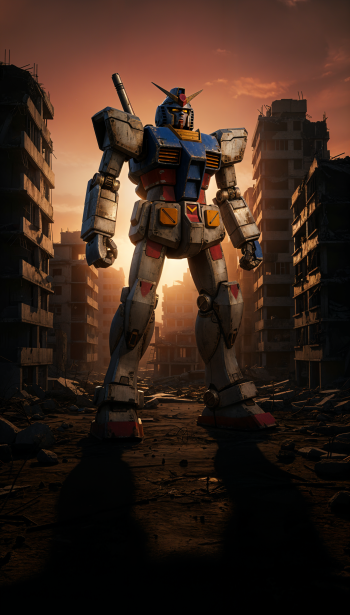 Gundam mech stands amid a ruined city at sunset, backlit and towering in a vertical phone wallpaper composition.