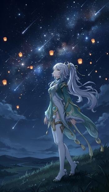 ARPG Genshin Impact character Zibai stands on a grassy hill, hair and robes flowing as lanterns and meteors fill the starry sky — vertical phone wallpaper.