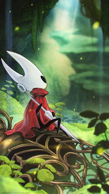 Phone wallpaper of Hornet (Hollow Knight) from the video game Hollow Knight: Silksong — Hornet in a red cloak perched on twisted roots in a sunlit forest, clutching her long needle.