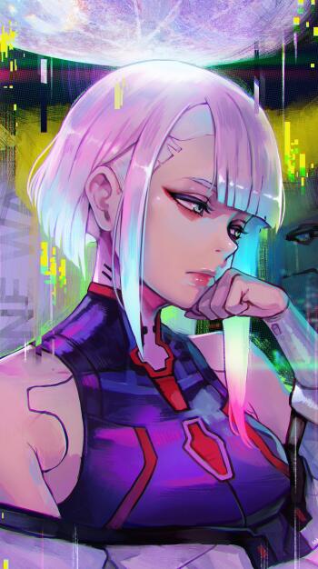 Phone wallpaper of Lucy from Cyberpunk: Edgerunners — anime girl with a white bob, neon cyberpunk palette, reflective expression and glitchy holographic city background.