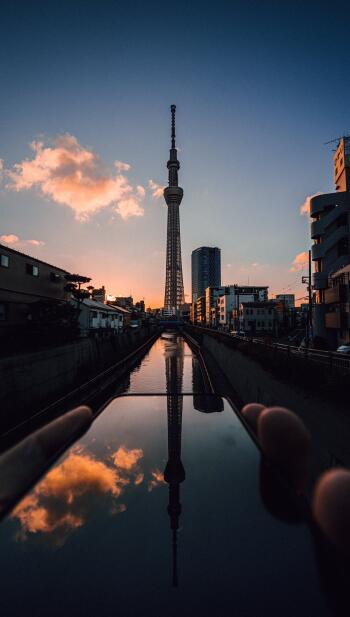 Vertical phone wallpaper of Tokyo Skytree towering over a Tokyo canal at sunset, its silhouette reflected in calm water with city buildings lining the banks.