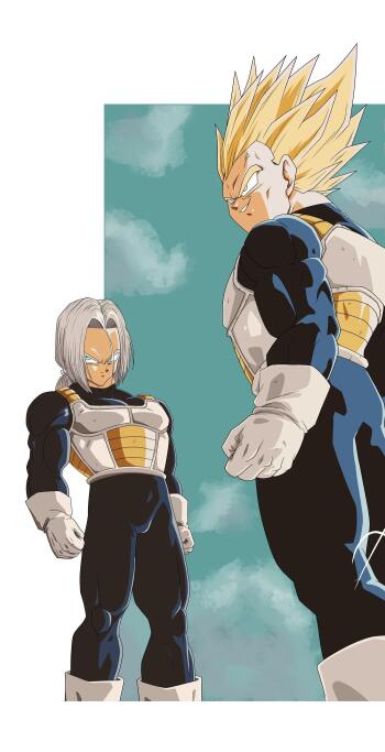 Anime phone wallpaper featuring Dragon Ball Z's Trunks and Super Saiyan Vegeta in Saiyan armor against a cloudy sky.