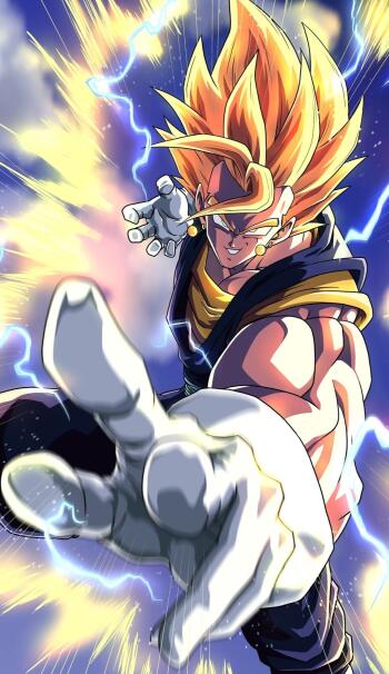 Anime phone wallpaper of Vegito (Dragon Ball Z) as Super Saiyan 2, reaching out through crackling lightning with a blazing golden aura—intense aura farming energy.