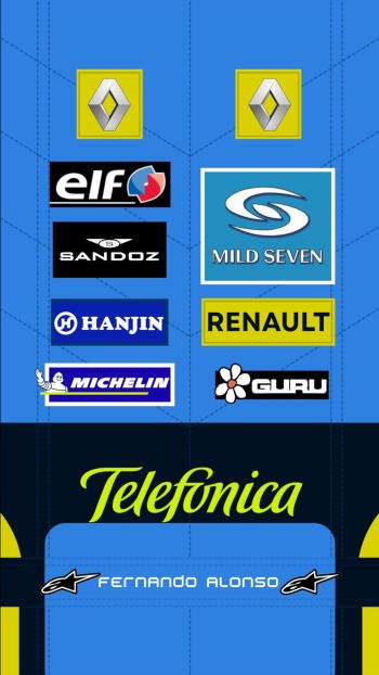 Phone wallpaper of Renault F1 livery: blue-yellow Telefonica strip, Renault badges and sponsor panels (Mild Seven, Elf, Michelin) with a name strip for a Spanish F1 driver.