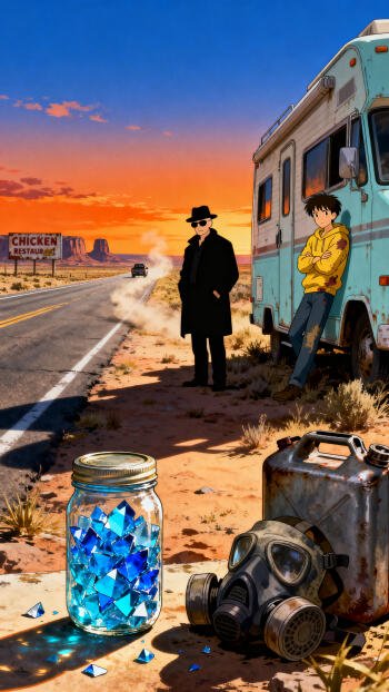 Phone wallpaper: Breaking Bad–inspired desert sunset with an RV, Heisenberg in a hat, a young man leaning on the rig, a jar of blue crystals, gas mask and a jerrycan on the sand.