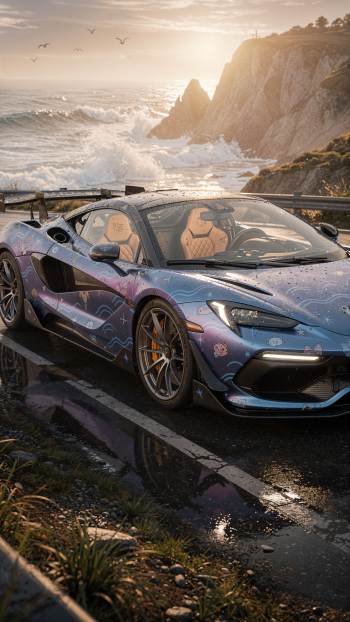 Phone wallpaper showing a custom-painted hypercar parked on a wet coastal road at sunset, its glossy body reflecting cliffs and crashing waves.