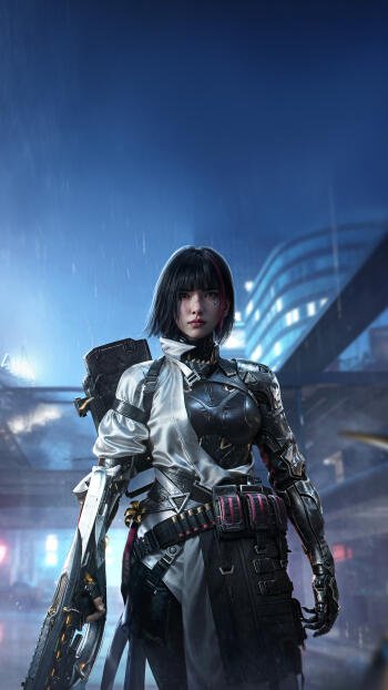 Rin Yoshida from Call of Duty: Mobile stands in a rain-soaked neon city, wearing armored tactical gear and holding a weapon — vertical phone wallpaper.