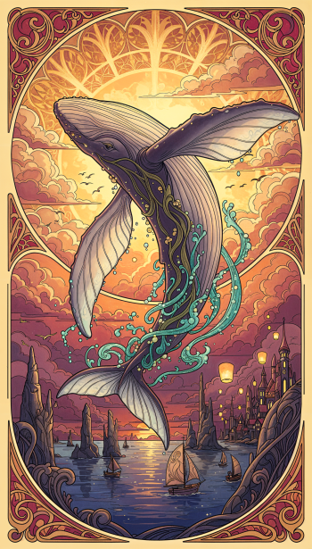 Phone wallpaper: ornate art nouveau scene of a giant flying whale soaring above a lantern-lit coastal town at sunset, turquoise splashes trailing as sailboats drift below.