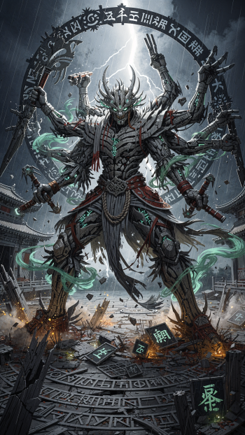Phone wallpaper of a towering horned, multi-armed demonic warrior clad in ornate armor, glowing green runes and teal wisps, lightning overhead, standing amid shattered sigils and rubble.