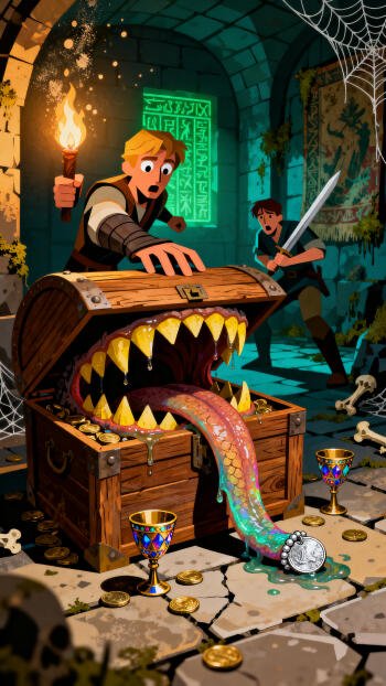 Phone wallpaper: a fantasy mimic (treasure chest) with gaping teeth and rainbow tongue spilling coins while two adventurers react in a torchlit dungeon.