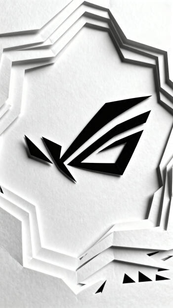 Phone wallpaper showing a minimalist black Asus ROG logo centered on a white layered paper star-shaped background with geometric cutouts and shadowed depth.