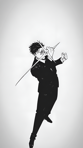 Monochrome manga phone wallpaper of Hiromi Higuruma (Jujutsu Kaisen), full-body mid-action pose with crossed blades on a minimal gradient background.