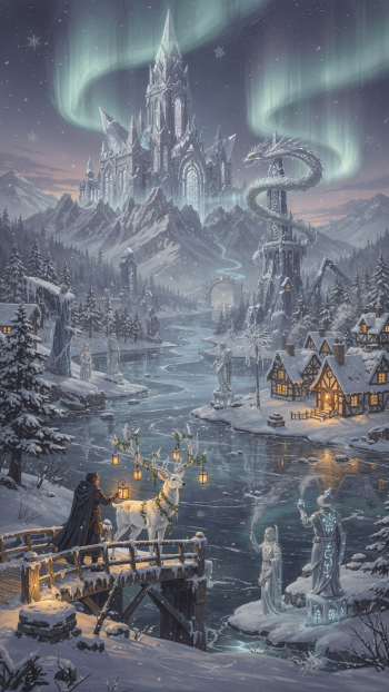 Vertical phone wallpaper: a fantasy winter scene with an icy castle beneath auroras, a spiral dragon, frozen river, glowing village, and a cloaked traveler with a luminous stag.