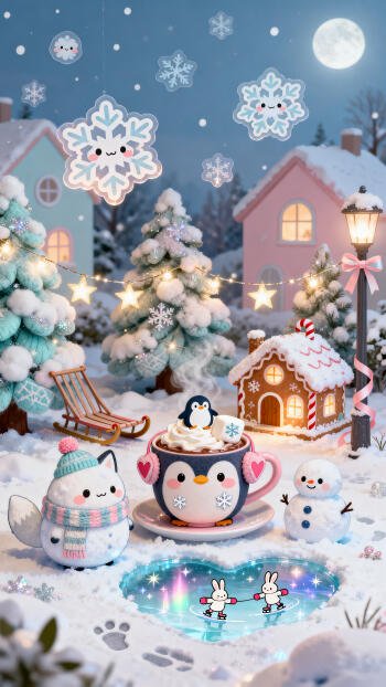 Kawaii winter phone wallpaper of a snowy night village: smiling snowflakes, twinkling trees, penguin cocoa mug, scarfed cat, snowman, gingerbread house, and bunnies skating.