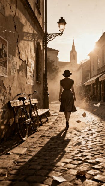 Sepia phone wallpaper: a person in a hat walks away on a sunlit cobblestone street, long shadow cast, bicycle and bench at left, ornate streetlamp and church spire in the misty distance.