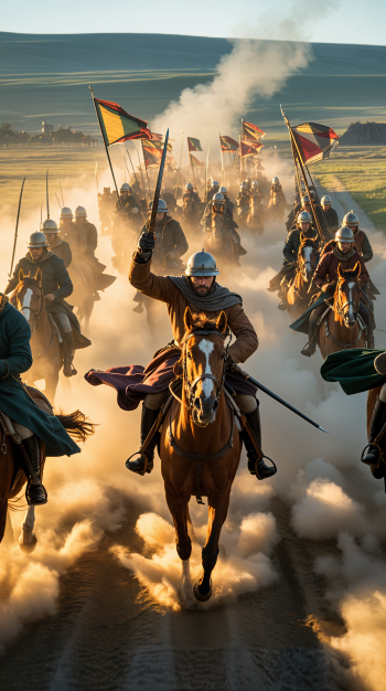 Phone wallpaper of a cavalry charge: armored horsemen with lances and colorful banners thundering through a dusty plain toward the viewer.