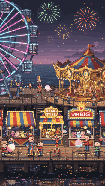 Pixel-art phone wallpaper of a lively nighttime carnival on a pier, with a Ferris wheel, carousel, game stalls, cotton candy vendors and fireworks sparkling over the water.