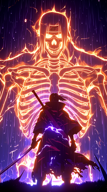 Phone wallpaper of anime Naruto’s Itachi Uchiha silhouetted with a sword before a fiery Susanoo skeleton aura, glowing spectral skull looming through rain.