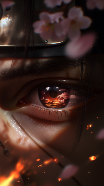 Phone wallpaper: close-up anime eye of Itachi Uchiha (Naruto) with a burning sunset reflected in the pupil, cherry blossom petals and embers drifting around.
