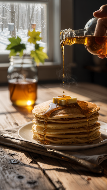 Phone wallpaper of stacked pancakes with melting butter as maple syrup pours over them, a jar and snowy window in the background.