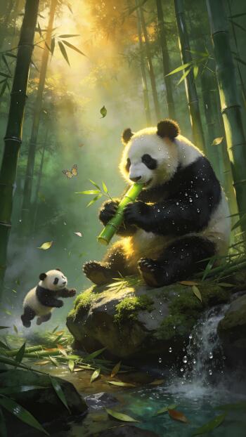 Phone wallpaper of an animal panda in a sunlit bamboo forest: adult panda munching bamboo on a mossy rock by a stream while a playful cub leaps nearby.