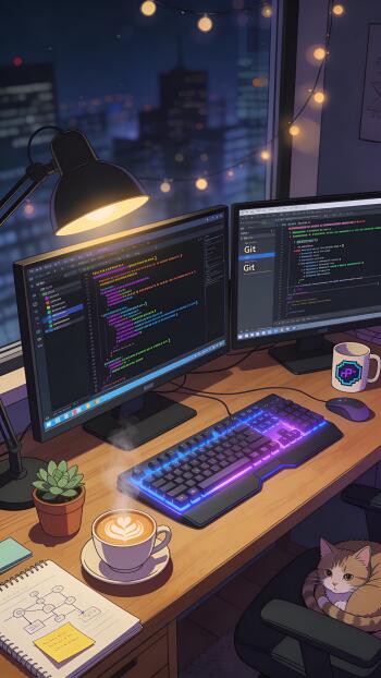 Phone wallpaper: cozy nighttime programming desk with dual monitors showing code, glowing RGB keyboard, latte art, succulent, string lights, cat on chair, city skyline outside.