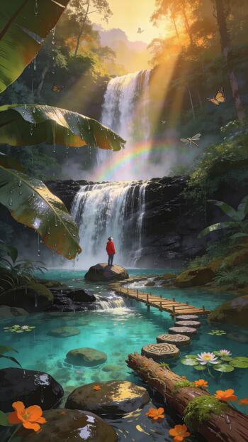 Phone wallpaper of a lone figure in red on a rock before cascading waterfalls and turquoise water, surrounded by jungle foliage, a rainbow, dragonflies and stepping stones.